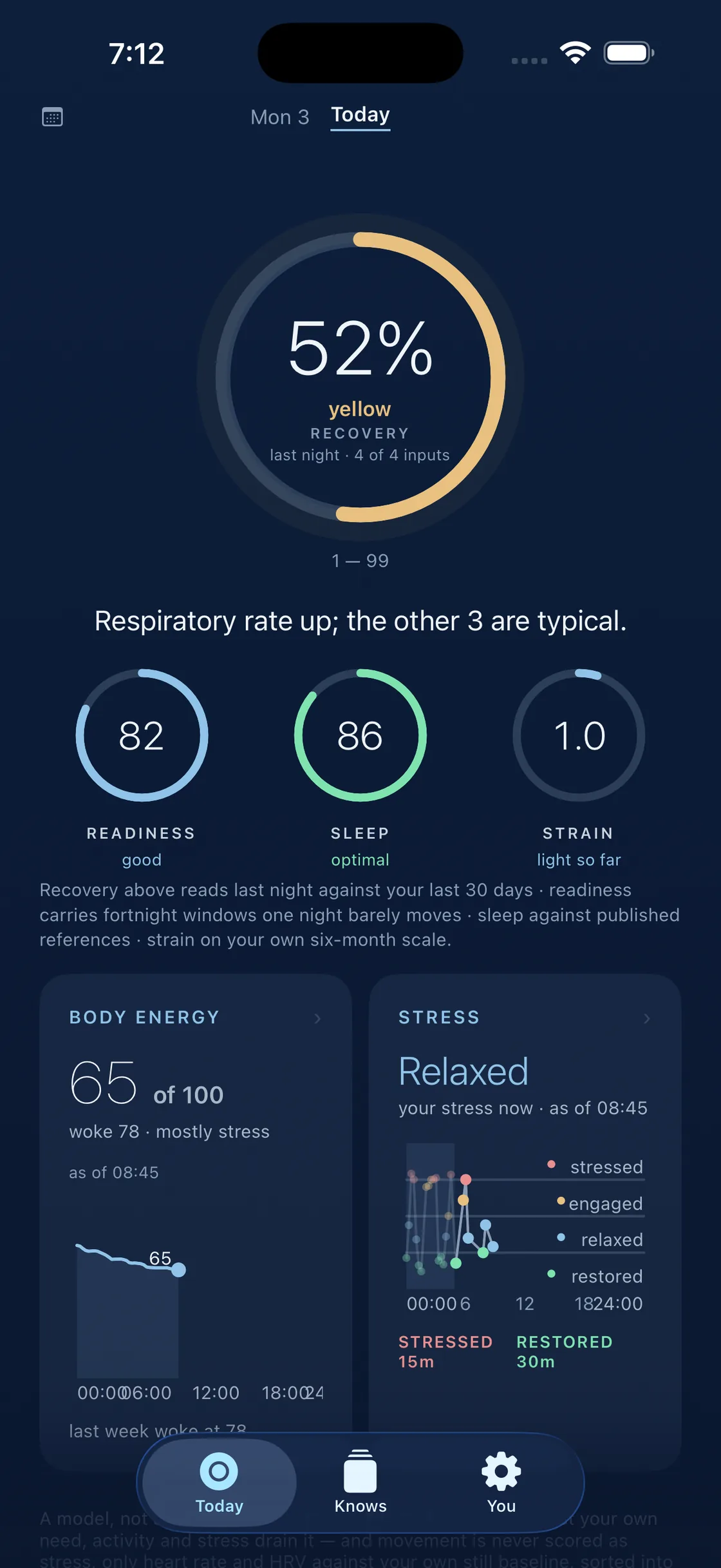 Daycurve's Today screen, showing recovery, readiness, sleep and strain read from a nine-year record